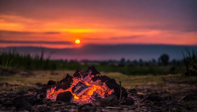 As brasas brilham na noite, um símbolo do calor que se desvanece, um fogo apagado contra um pôr-do-sol tranquilo.