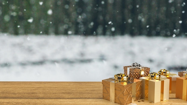 As caixas de presente de ouro na mesa de madeira para celebração ou renderização em 3d de conceito de negócio