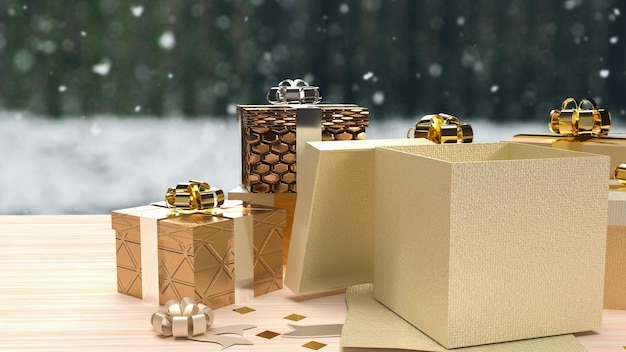 As caixas de presente de ouro na mesa de madeira para renderização em 3d do conceito de celebração