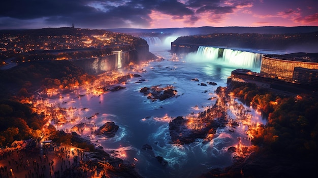 As Cataratas do Niágara com luzes coloridas à noite