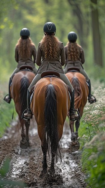 As cavaleiras gostam de montar cavalos lindos lado a lado na trilha dos centros equestres.