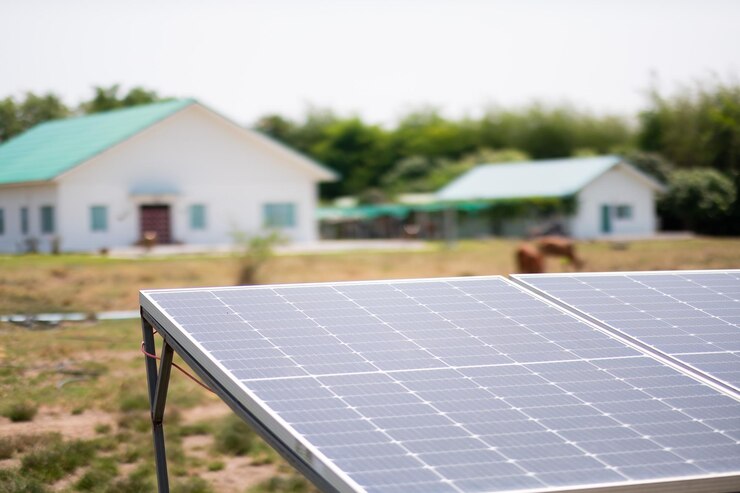 As células solares com fundo de natureza desfocada economizam energia