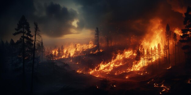 as chamas estão queimando à distância enquanto um incêndio florestal se aproxima da IA generativa