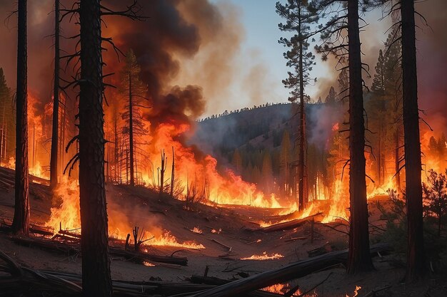 As chamas intensas de um enorme incêndio florestal iluminam a noite enquanto se agitam através das florestas de pinheiros e dos arbustos de sálvia.