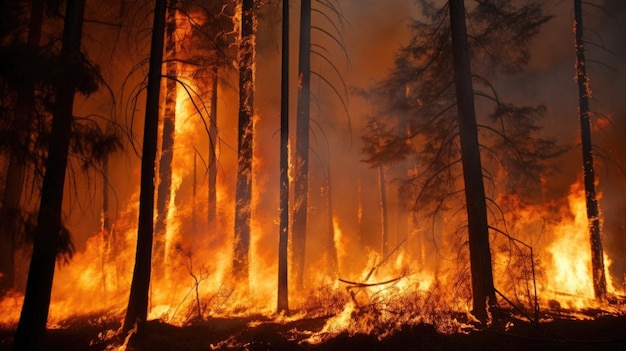 As chamas pulam de árvore em árvore à medida que o incêndio se espalha fora de controle pela floresta