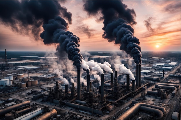 As chaminés de poluição atmosférica de uma fábrica ou fábrica emitem nuvens de fumaça preta para a atmosfera.