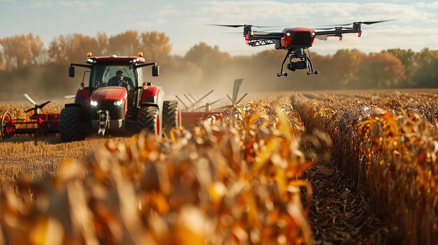 Foto as colheitas são colhidas utilizando uma colhedora não tripulada e um quadrocóptero generative ai