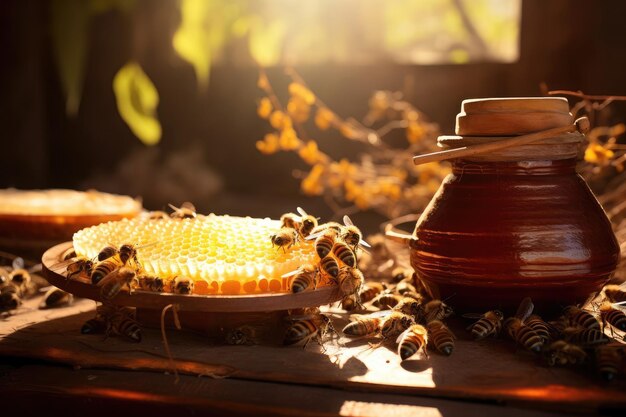 As colmeias e os favo de mel iluminados pelo sol abraçam o calor, o aconchego e a beleza natural.