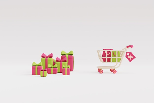 As compras online de presentes de natal e ano novo, caixas de presente coloridas com carrinho .3d rendem a ilustração.