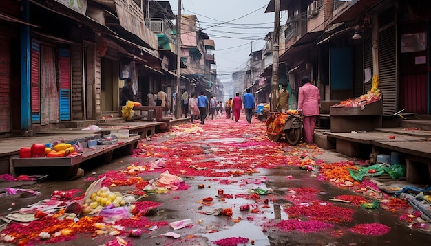 Foto as consequências coloridas nas ruas após a celebração de holi