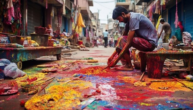 Foto as consequências coloridas nas ruas após a celebração de holi