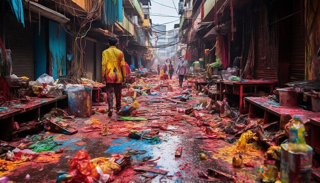 Foto as consequências coloridas nas ruas após a celebração de holi