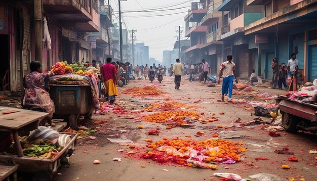 Foto as consequências coloridas nas ruas após a celebração de holi