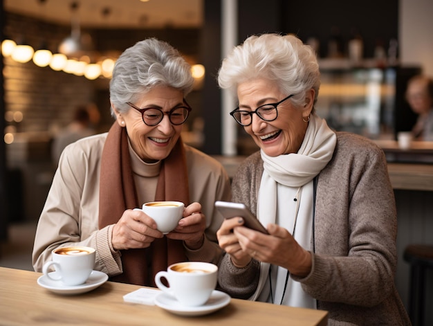 As conversas florescem à medida que as mulheres idosas mergulham nos smartphones ao tomar um café