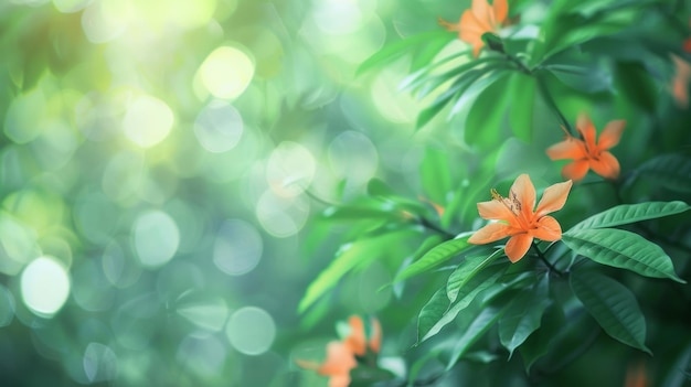 As cores apagadas das folhas verdes exuberantes e as vibrantes pétalas de flores laranjas se misturam em uma névoa