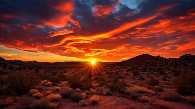 As cores ardentes de um nascer do sol no deserto