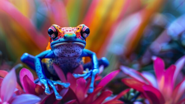 Foto as cores intensas de um sapo de dardo venenoso o chão da selva desfocado