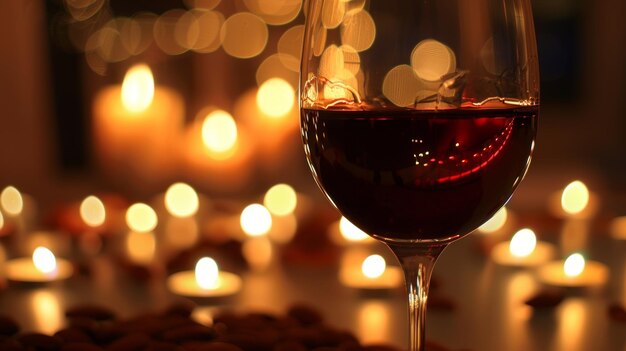 As cores profundas do vinho parecem intensificar-se na luz dourada das velas, criando uma