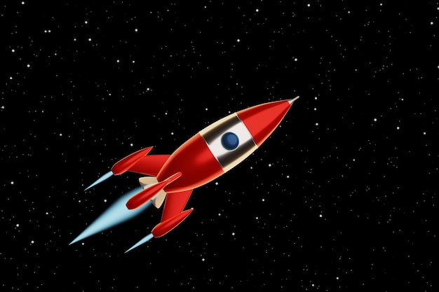 As cores vermelhas e brancas do foguete de espaço do brinquedo voam em um fundo do céu estrelado. Ilustração de ficção científica. Renderização em 3d.