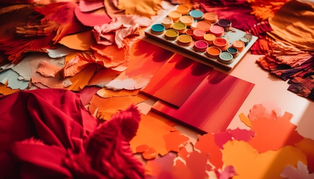 As cores vibrantes das folhas de outono enfeitam a mesa com criatividade gerada pela inteligência artificial