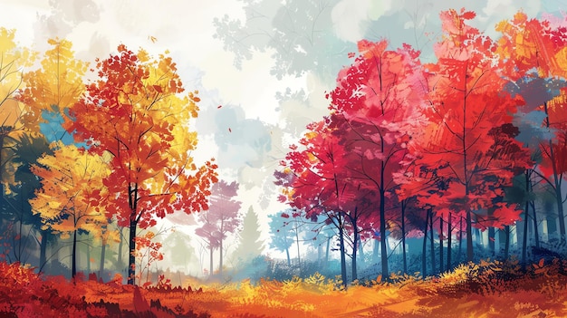 Foto as cores vibrantes de uma floresta exuberante na estação de outono as árvores vermelhas, laranjas, amarelas e verdes estão em um fundo de árvores sempre verdes