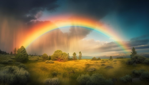 As cores vibrantes do arco-íris pintam a majestosa paisagem montanhosa gerada pela IA