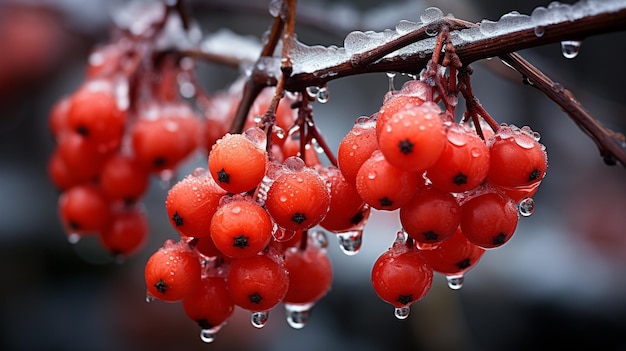 As cores vivas de ruby das bagas congeladas contra o fundo nevado intocado As bagas congeladas aparecem como jóias da natureza adicionando uma explosão de cor à paisagem serena e monocromática do inverno