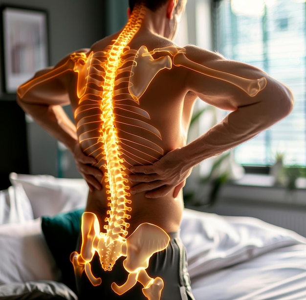 Foto as costas musculosas de um homem são destacadas com um gráfico brilhante da coluna vertebral indicando dor nas costas. a combinação de força e vulnerabilidade na imagem fala da natureza universal do desconforto.