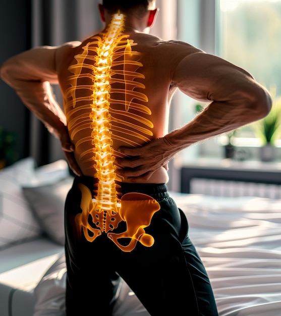 As costas musculosas de um homem são destacadas com um gráfico brilhante da coluna vertebral indicando dor nas costas. A combinação de força e vulnerabilidade na imagem fala da natureza universal do desconforto.