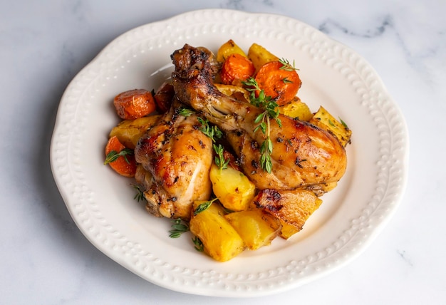 As coxas de frango assadas e as batatas fritas parecem deliciosas.