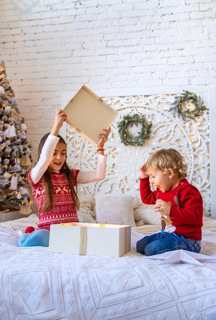 As crianças abrem presentes de Natal debaixo da árvore Foco seletivo