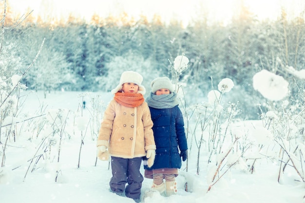 As crianças andam em uma floresta nevada de inverno