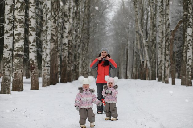 As crianças caminham no parque no inverno. Família da floresta de inverno com crianças em uma caminhada. Um dia frio de inverno é uma caminhada em família.