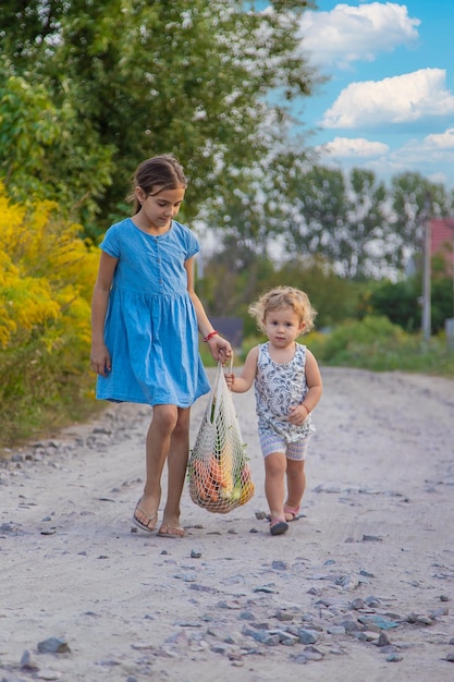 As crianças carregam vegetais em um saco Foco seletivo