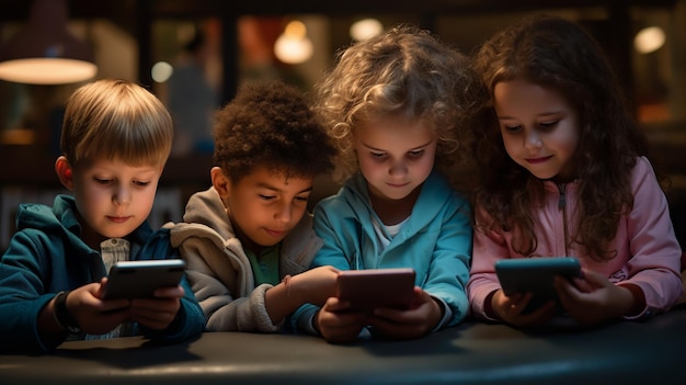 Foto as crianças estão jogando em smartphones e algumas estão assistindo vídeos