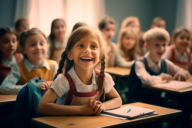 As crianças estão sentadas em mesas na sala de aula na escola de volta à escola generativa ai