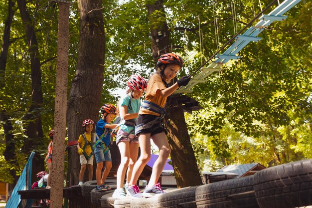 As crianças estão superando obstáculos no parque de cordas