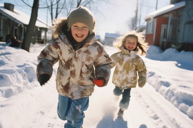 As crianças se divertem brincando na neve