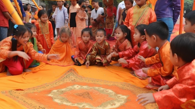 As crianças sentam-se em um grande tapete laranja com a palavra da nang.