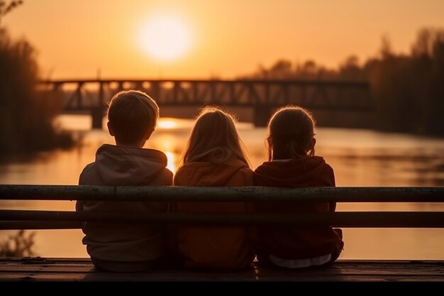 As crianças sentam-se na ponte do lago contra o pano de fundo do belo pôr do sol