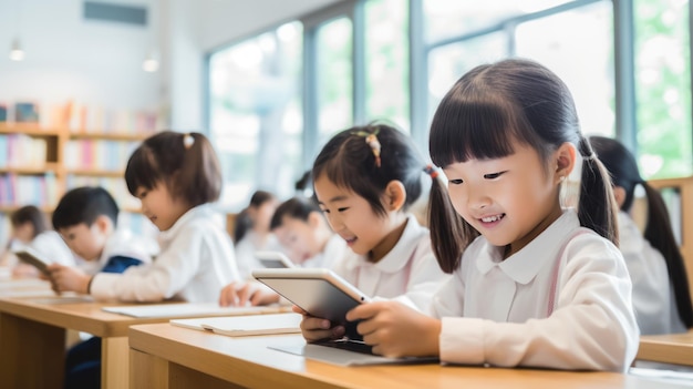 as crianças usando tablet educacional na sala de aula