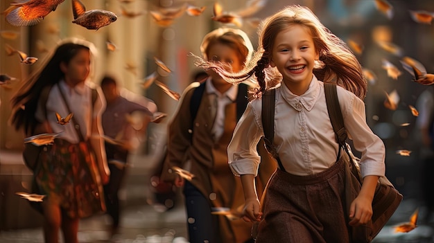 As crianças vão para a escola na época escolar. Geração de IA.