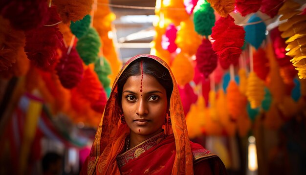 Foto as decorações coloridas e trajes festivos das pessoas que celebram makar sankranti