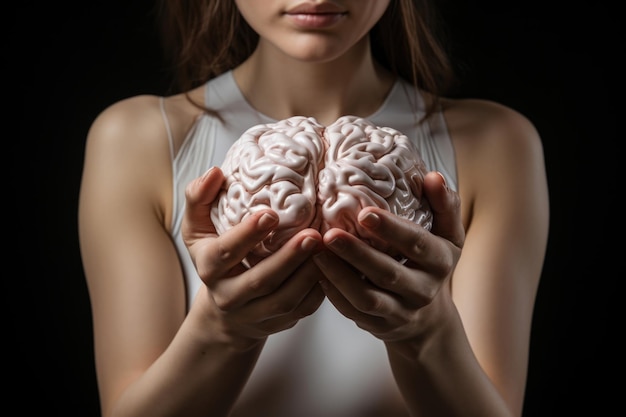 Foto as delicadas mãos de uma mulher seguram um cérebro humano, destacando o complexo espectro da neurodiversidade, o intelecto humano e as habilidades mentais distintas.