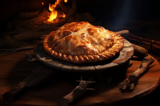 As deliciosas delícias de uma tarte de carne gerada por AIG apresentada num prato de madeira rústico