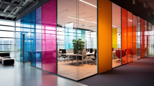As divisórias de escritório em várias cores criam um ambiente de trabalho animado