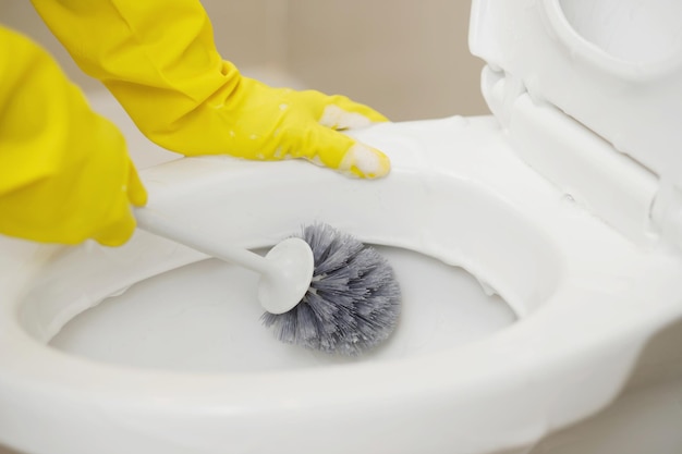 As donas de casa usam uma escova para limpar o banheiro para remover a sujeira e cuidar de louças sanitárias