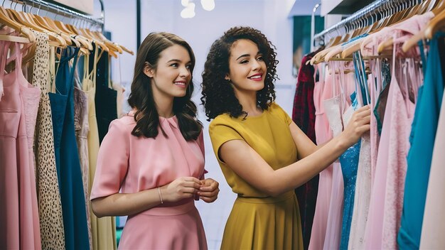 As duas jovens bonitas mulheres olhando para vestidos e experimentando-os enquanto escolhem na loja