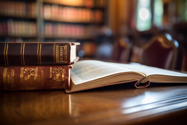 Foto as encantadoras páginas explorando as complexidades de um livro aberto num cenário cativante de biblioteca