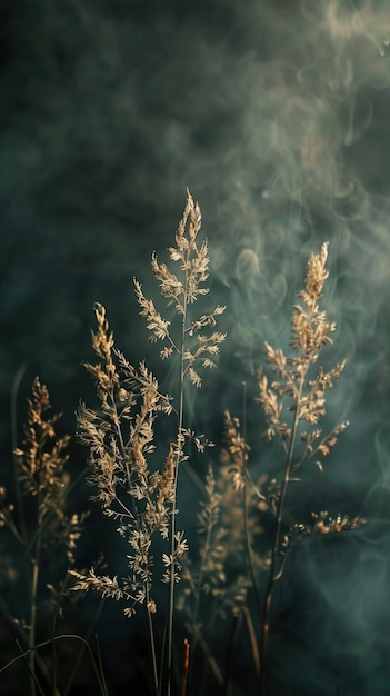 As ervas douradas de um prado etéreo e nebuloso se abrigam na luz nebulosa